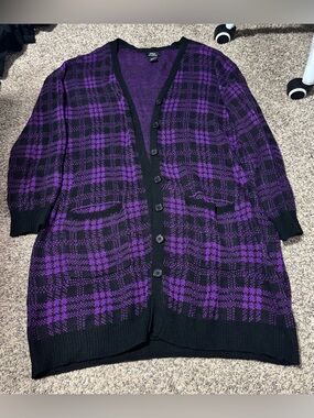 Social Collision Purple/Black Plaid Long Cardigan - XL - Like new